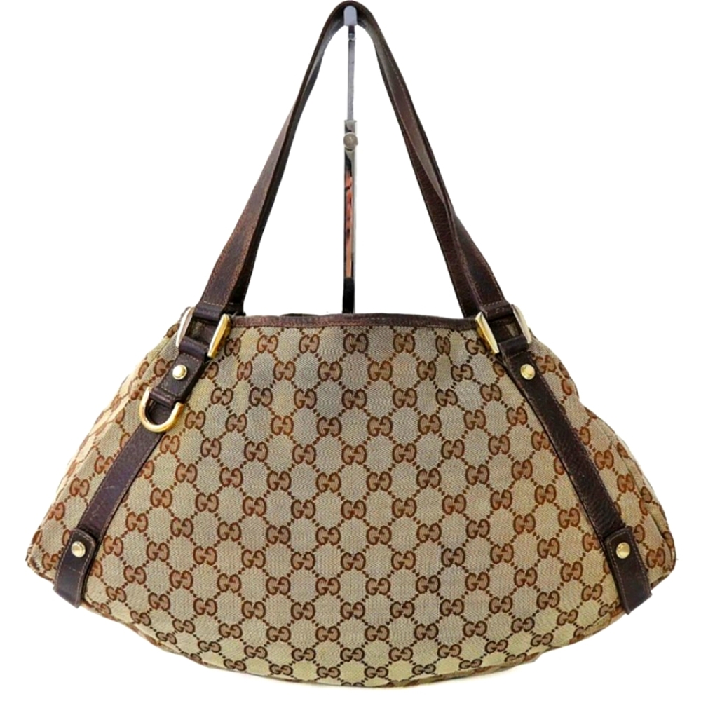 👜  GUCCi ®️  Brown Monogram Cloth & Leather Shoulder Bag Purse